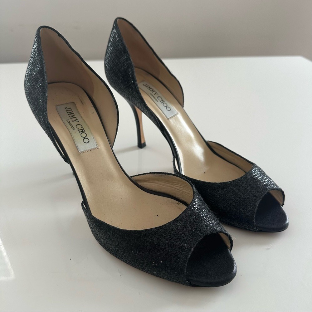 Jimmy Choo Black Glitter D'Orsay Peep Toe Stiletto Pumps Size 40